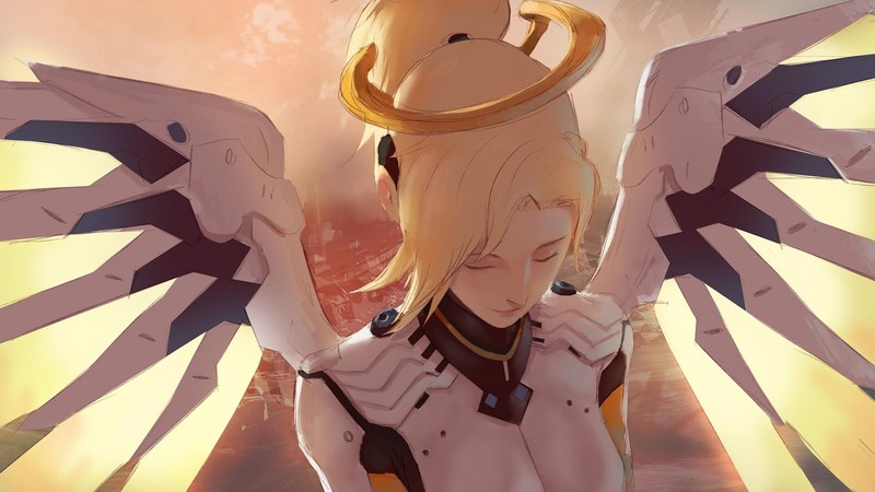Mercy (Overwatch), Overwatch, wings, angel wings, closed eyes, high angle