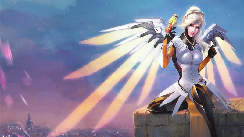 Mercy (Overwatch), Overwatch, wings, angel wings, birds, city