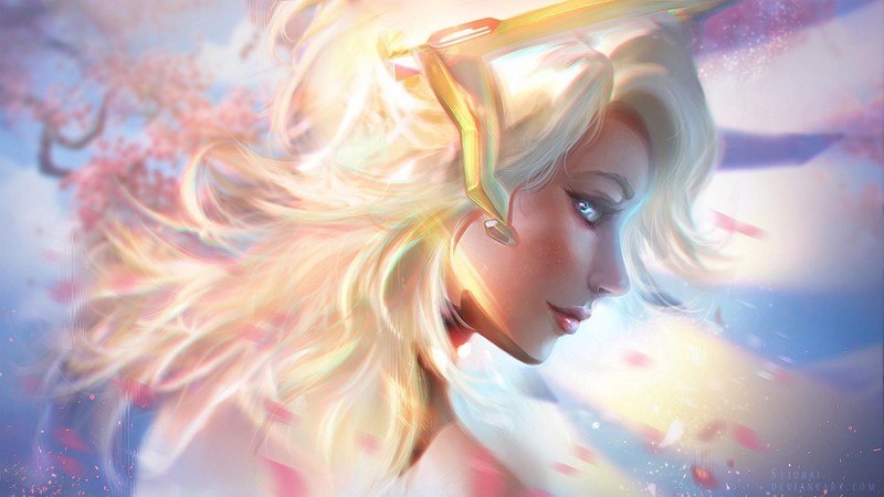 Mercy (Overwatch), Overwatch, wings, angel wings, blonde, petals, profile