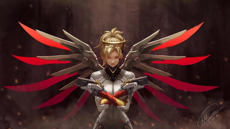 Mercy (Overwatch), Overwatch, wings, angel wings, arms crossed, gun, frontal view