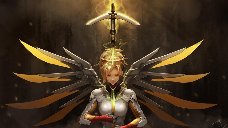 Mercy (Overwatch), Overwatch, wings, angel wings, staff, frontal view
