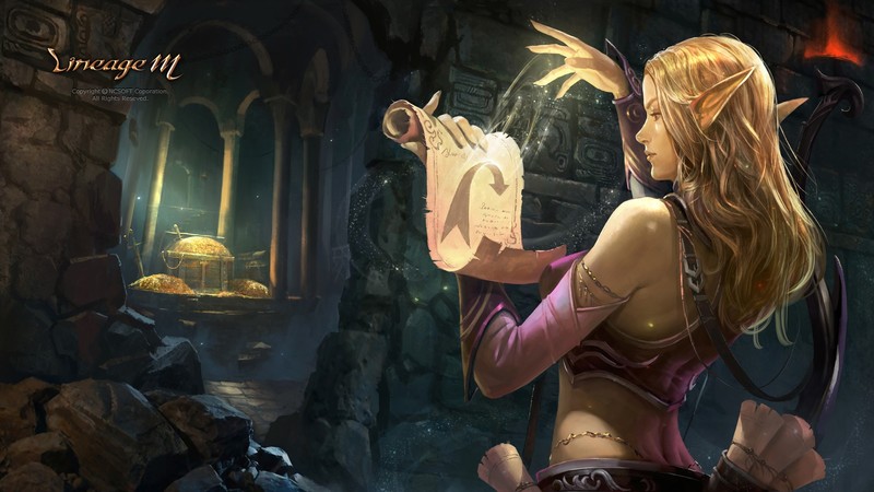 Kim Sung Hwan, drawing, women, elves, long hair, wavy hair, spell, jewelry, scrolls, treasure, gold, Lineage