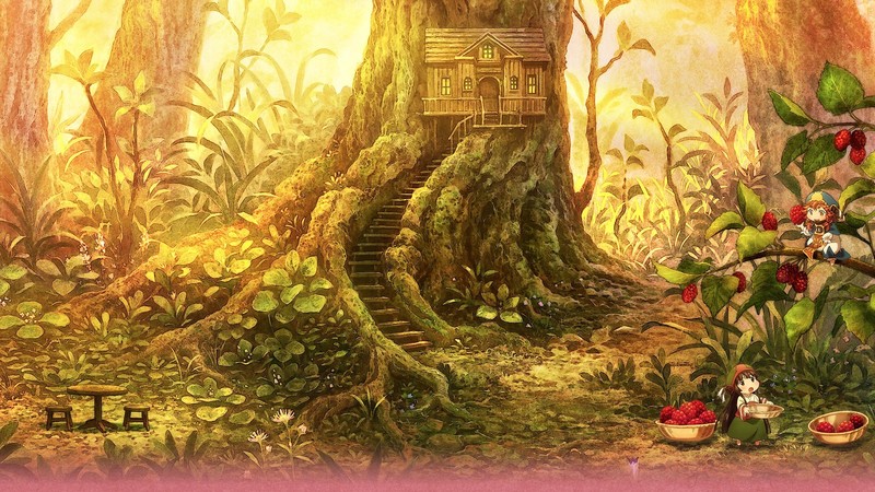 Hakumei to Mikochi, tree house, forest, trees, roots, plants, flowers, evening