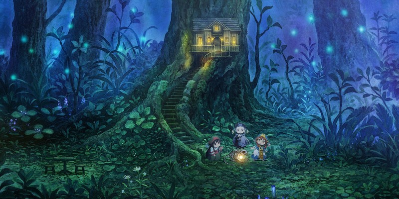 Hakumei to Mikochi, forest, tree house, nature, lights, night, trees