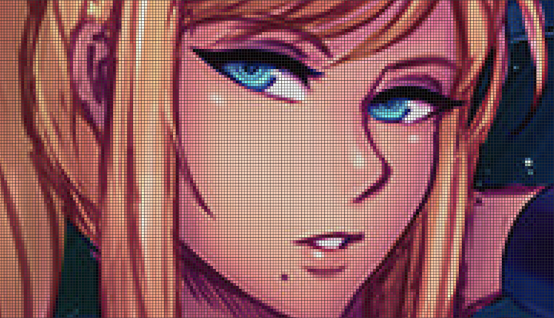 Metroid, Samus Aran, pixel art, blond hair, blue eyes