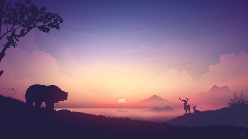 minimalism, bears, deer, horizon, digital art, artwork, sunset, nature, clouds, mountains