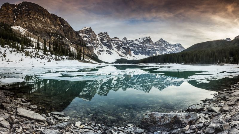 lake, mountains, stones, snow, clouds, 4k
