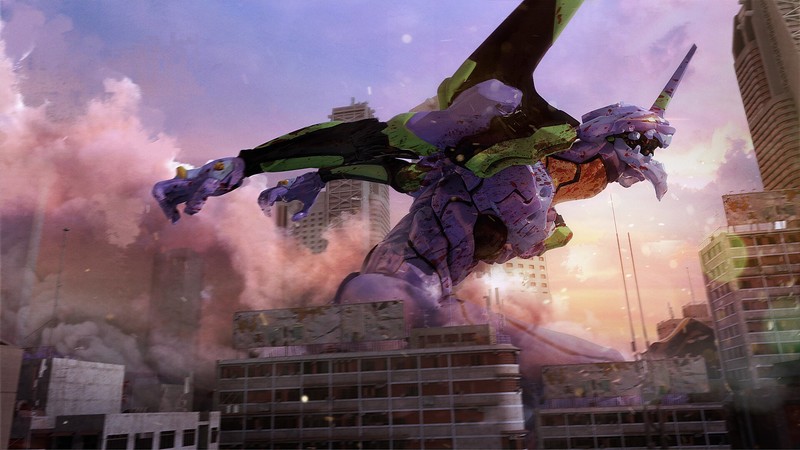 Neon Genesis Evangelion, mech, robot, fan art, digital art, EVA Unit 01, berserker, 3D, blood, low-angle