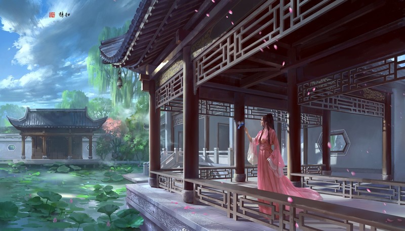 Asia, fantasy art, fantasy girl, artwork, Chinese architecture, Chinese dress
