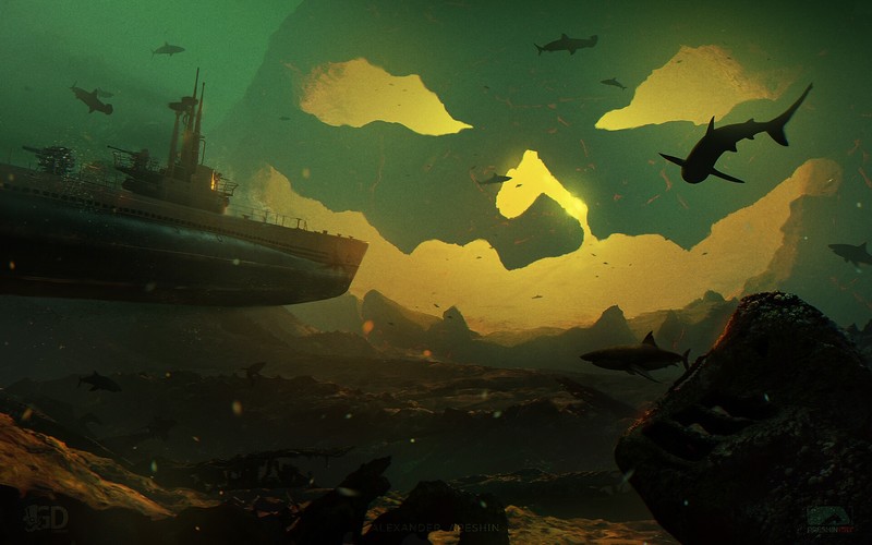 fantasy art, artwork, digital art, underwater, submarine, shark, Alexander Apeshin, rock, Halloween, Jack O Lantern