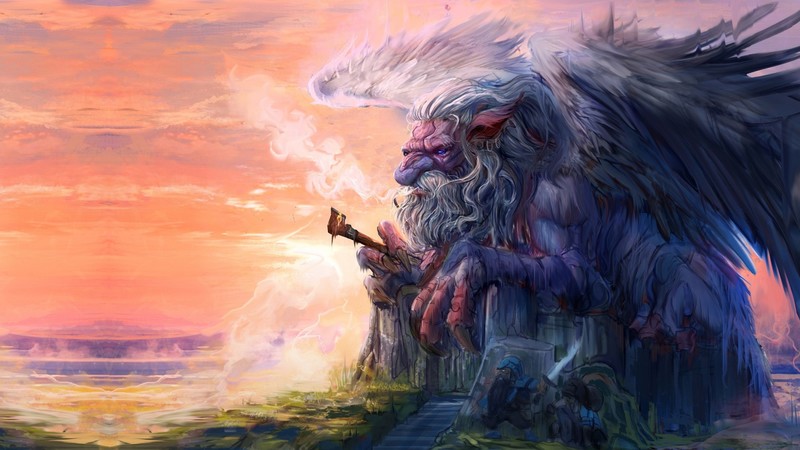 fantasy art, artwork, digital art, old people, wings, beard, pipe, sunset, God, warrior, sword, pierced ear, smoke, landscape