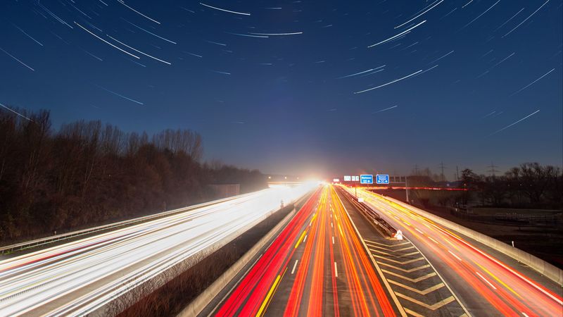 road, long exposure, night, motion, backlight, starry sky, 4k