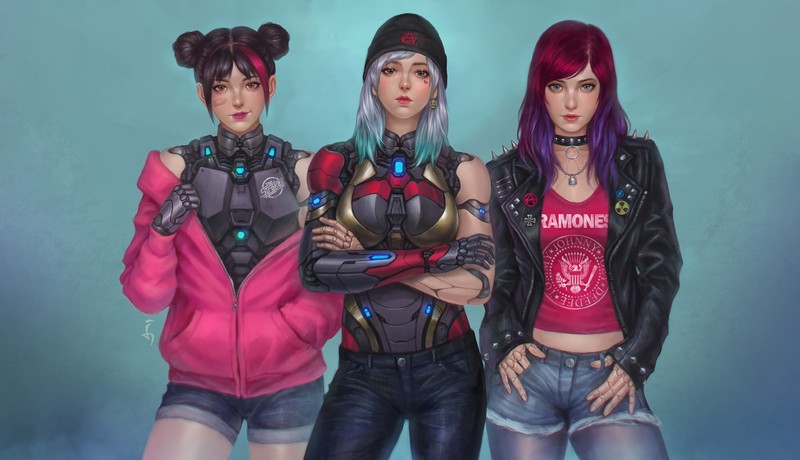 Angan Kelana, women, cyberpunk, artwork, cyborg, frontal view, alternative subculture, Ramones, punks, punk rock, spikes, Anarchy, anarchism