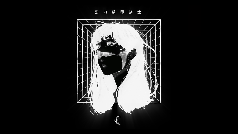 monochrome, black background, artwork, kanji, long hair, cyberpunk, grid, Gharliera, robot, edit