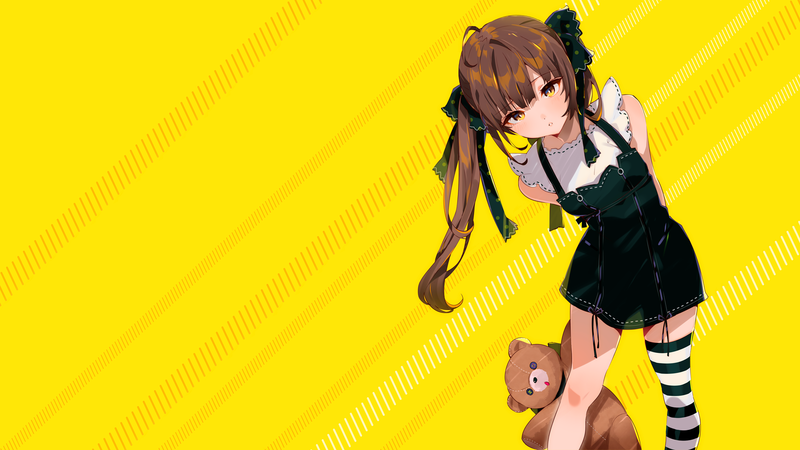 anime, manga, anime girls, simple background, twintails, schoolgirl, white legwear, black legwear, striped stockings, yellow, thigh-highs, zettai ryouiki, yellow background, teddy bears, yellow eyes, missing sock