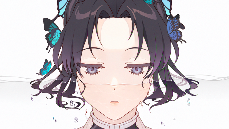 anime, manga, anime girls, simple background, Kimetsu no Yaiba, Kochou Shinobu, butterfly, parted lips, face