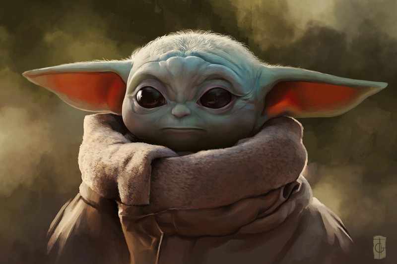 Star Wars, artwork, The Mandalorian, Baby Yoda, science fiction, pointy ears, dark eyes