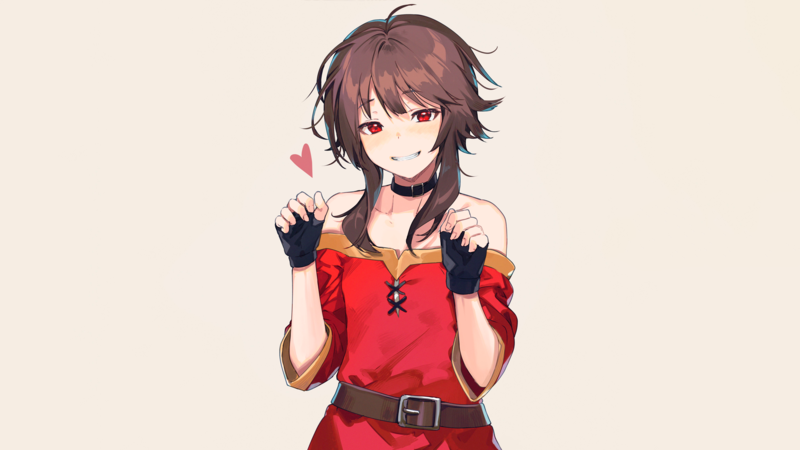 anime, manga, anime girls, simple background, Megumin, Kono Subarashii Sekai ni Shukufuku wo!, Smile, blush, brunette, red eyes, smiling