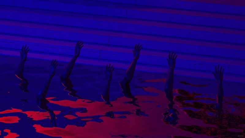 neon, blue, red, water, hands, stairs, reflection, cult, cultist, arms, digital art
