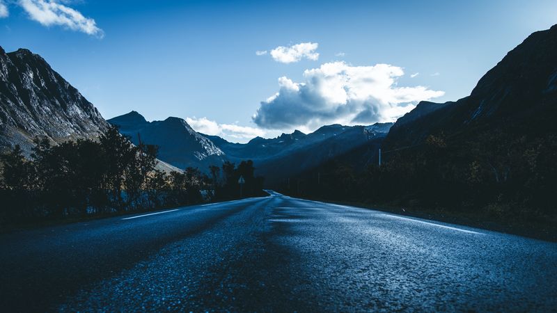 road, asphalt, mountains, clouds, direction, 4k