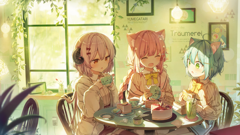 anime, anime girls, digital art, artwork, 2D, portrait, original characters, short hair, nekomimi, horns, anime girls eating, cake, green eyes, animal ears