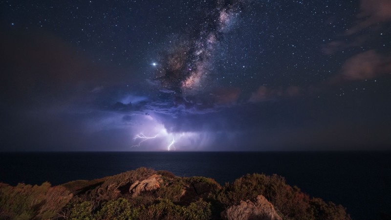 Milky Way, storm, landscape, sky, lightning, nature, stars
