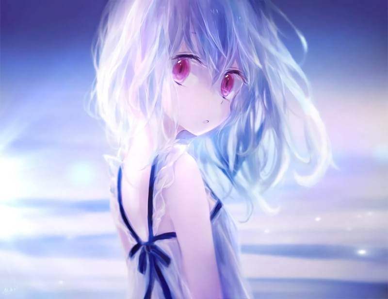 anime, anime girls, white hair, red eyes, white dress, white