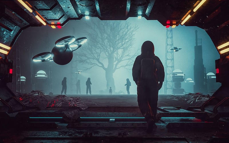 science fiction, laboratories, dark, Cinema 4D, Photoshop, futuristic, digital art