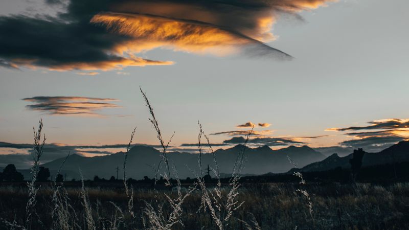 field, clouds, grass, sunset, twilight, 4k