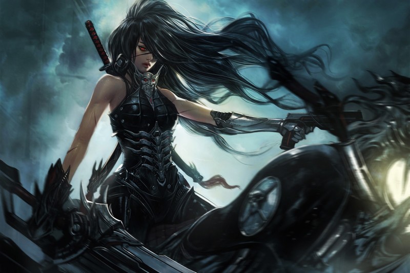 artwork, fantasy girl, fantasy art, gun, dark hair, red eyes, long hair