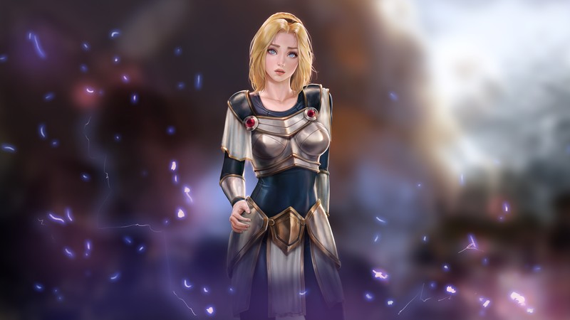 Lux (League of Legends), League of Legends, video games, video game girls, women, fantasy girl, blonde, looking at viewer, blue eyes, armor, Armored, sparks, bokeh, frontal view, video game characters, video game art, artwork, drawing, digital art, illustration, fan art, Firolian