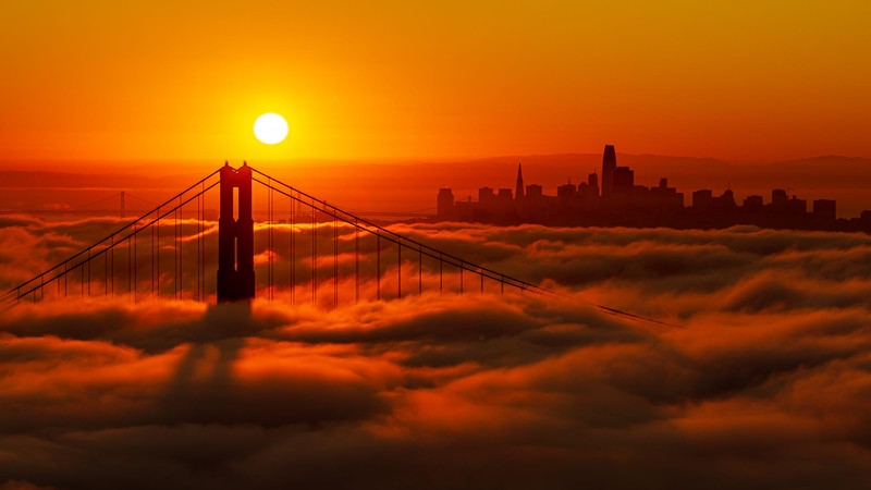 depth of field, 500px, bridge, sunset, city, mist, clouds, cityscape, Sun, sky