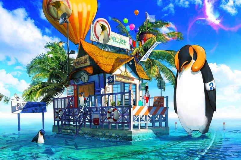 Kyoung Hwan Kim, penguins, sea, tropical, railroad track, palm trees, artwork, sea gulls, balloon, anime, colorful