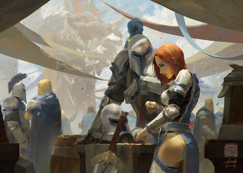 knight, medieval, Fantasia, fantasy girl, artwork, fantasy art, redhead, Armored, ass