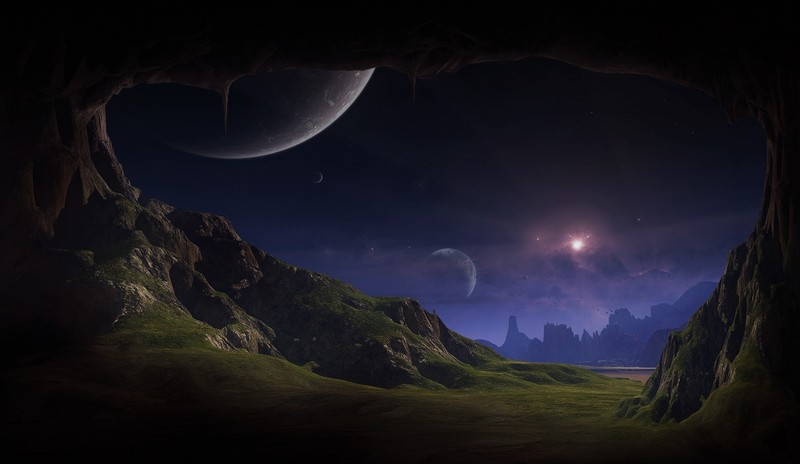 nature, clouds, grass, planet, stars, sky, rocks, cave, landscape, fantasy art