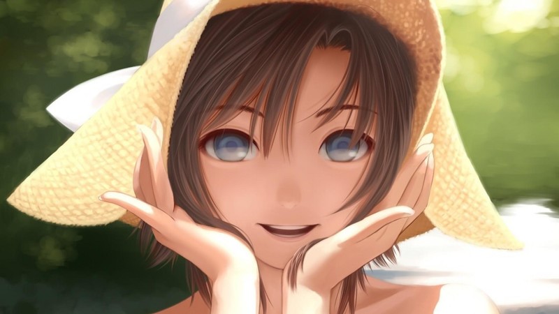 anime girls, anime, blue eyes, hat, warm colors, brunette, face, THE, Kikuchi Makoto, soft shading