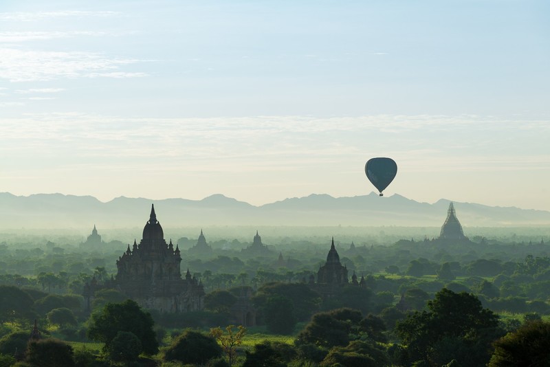 landscape, hot air balloons, sky, vehicle, temple, overcast, balloon