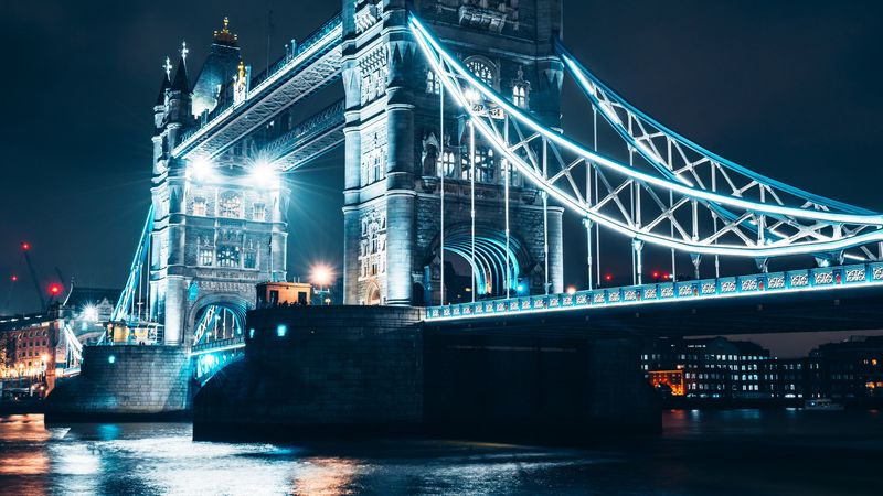 bridge, night city, backlight, river, architecture, 4k