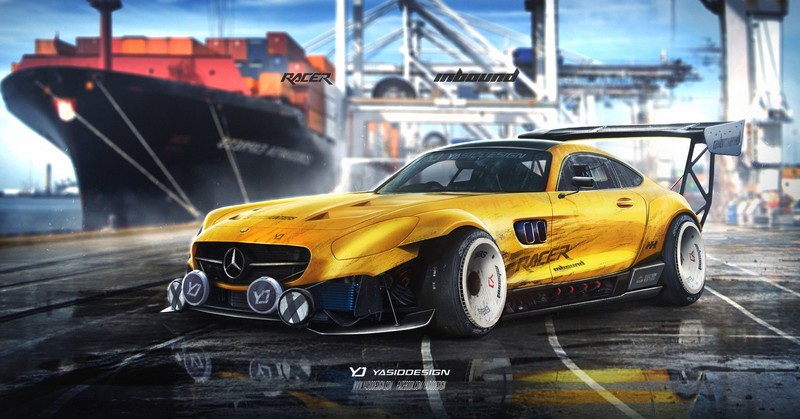 car, racer, vehicle, yellow cars, digital art, Mercedes Benz, car spoiler