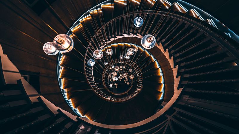 staircase, spiral staircase, light bulbs, spiral, 4k