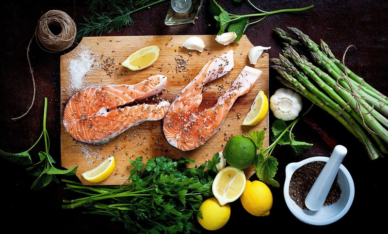 still life, food, fish, lemons, vegetables, seafood, salmon, parsley, Garlic, Black pepper (Spice), salt, asparagus, cutting board