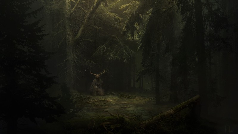 forest, dark, creepy, horror, antlers, trees