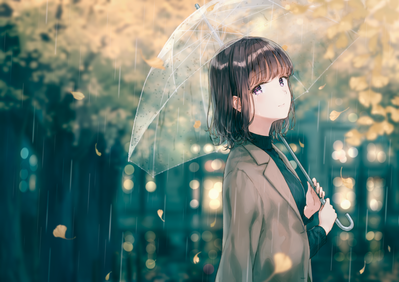 anime girls, digital art, artwork, 2D, portrait, short hair, brunette, umbrella, rain, original characters, Hiten