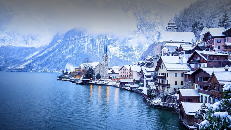 landscape, snow, winter, mountains, water, lake, trees, forest, mist, house, Austria, church, reflection, Hallstatt