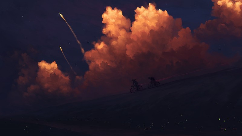 BisBiswas, rocket, sunset, clouds, hill, bikes, fireflies, artwork