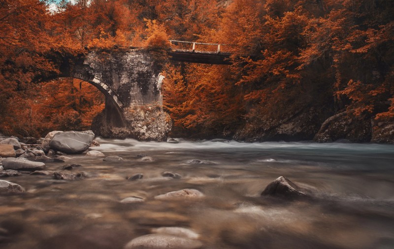 nature, fall, foliage, trees, water, river, bridge, rocks, forest, outdoors