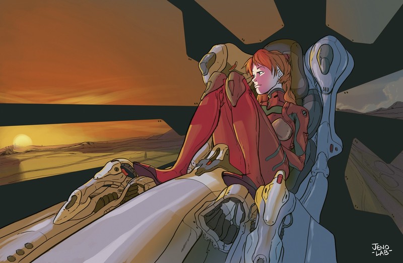 Neon Genesis Evangelion, anime girls, fan art, 2D, mech, redhead, long hair, thigh-highs, blue eyes, plugsuit, Asuka Langley Soryu, EVA Unit 02, small boobs, anime