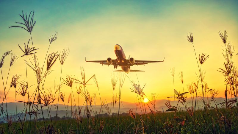 plane, grass, takeoff, sky, sunset, dawn, 4k