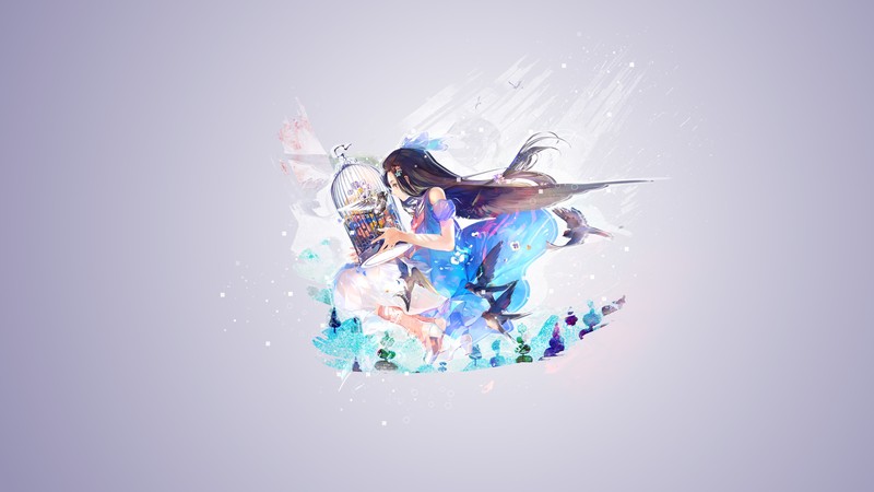 fantasy girl, blue, birdcage, trees, flowers, hair, bow, white, splatter, simple background, fantasy art, dark hair