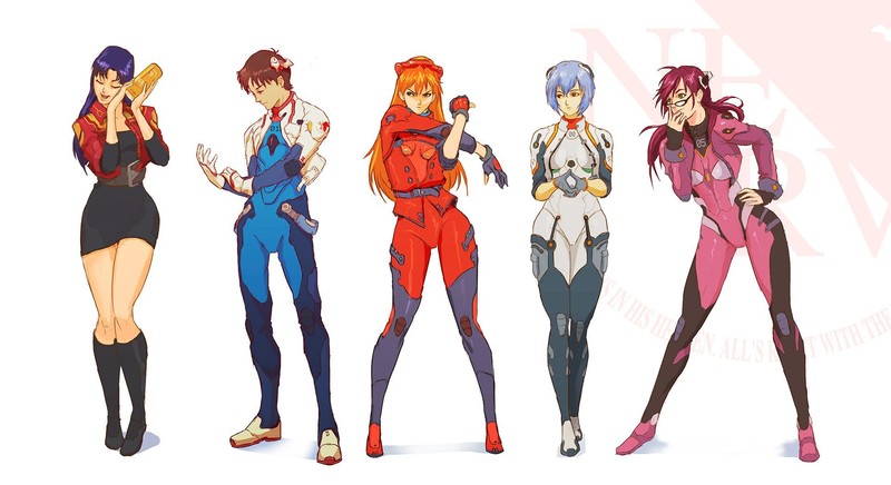 Neon Genesis Evangelion, Ikari Shinji, Asuka Langley Shikinami, Ayanami Rei, Katsuragi Misato, Makinami Mari Illustrious, anime boys, anime girls, simple background, long hair, short hair